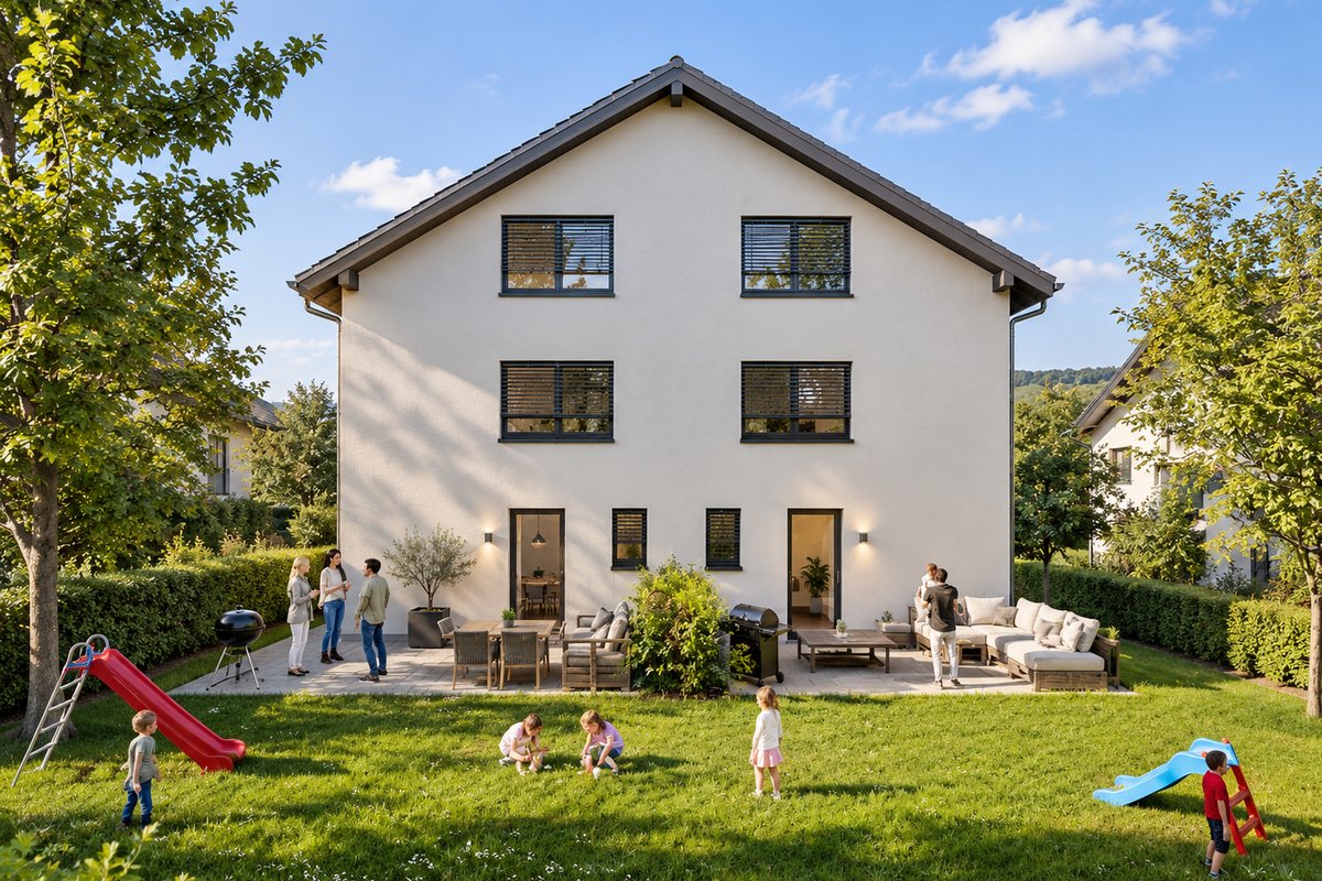 Visualisierung der Gartenseite des Doppeleinfamilienhauses Umiken mit Spielwiese und gedeckter Terrasse