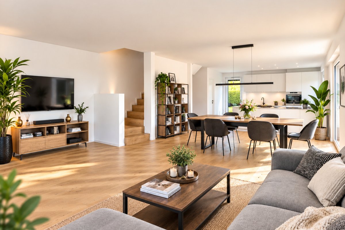Visualisierung des offenen Wohnbereichs mit Treppe und Blick in die Küche