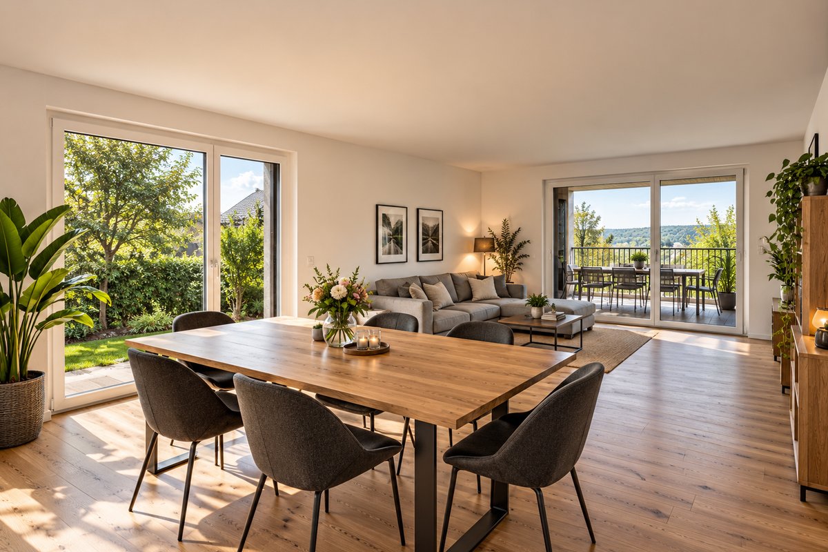 Visualisierung Ess- und Wohnbereich im Erdgeschoss mit Zugang zur gedeckten Terrasse