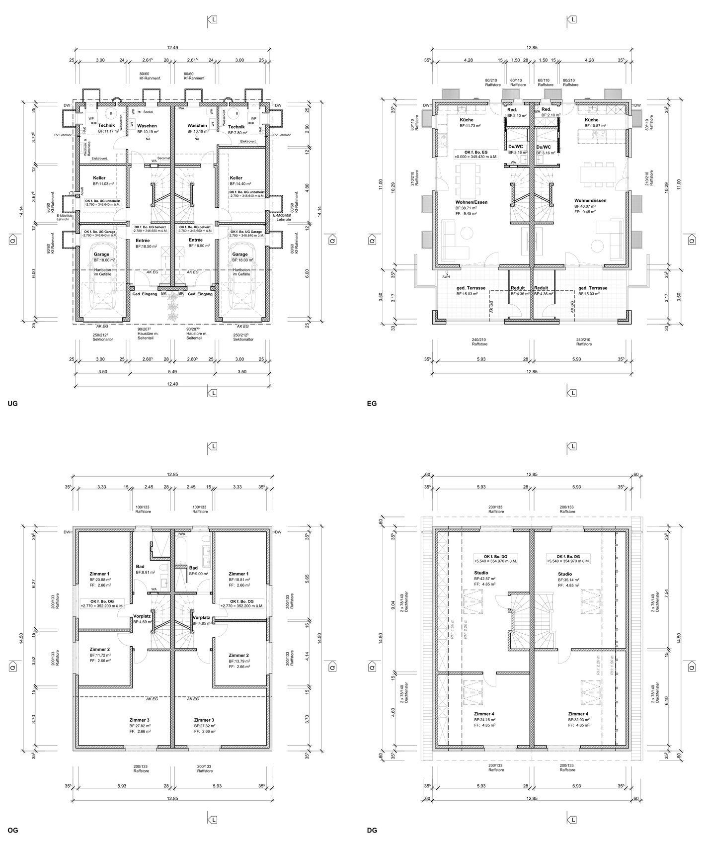 Grundrisse Untergeschoss, Erdgeschoss, Obergeschoss und Dachgeschoss des Doppeleinfamilienhauses Umiken